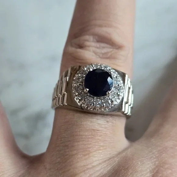 Mens Vintage Estate 14k White Gold Diamond Sapphire Ring 9.3g E7437